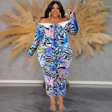 SC Plus Size One Shoulder Print Long Sleeve Maxi Dress GDAM-218509