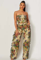 SC Sexy Tie Up Wrap And Tassel Pants Print 2 Piece Set ZSD-0684