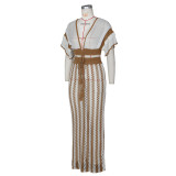 SC Sexy V-neck Hollow Out Striped Knit Long Skirt Set ZSD-Z0326