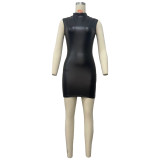 SC PU Leather Solid Color Sleeveless Bodycon Dress OD-8675