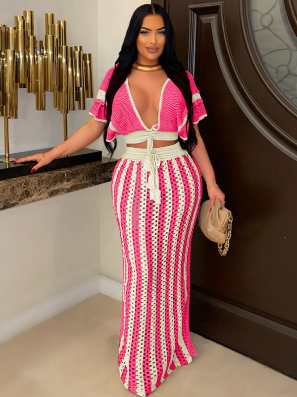 SC Sexy V-neck Hollow Out Striped Knit Long Skirt Set ZSD-Z0326
