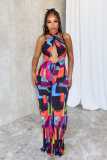 SC Printed Crossover Hanging Neck Backless Jumpsuit NY-10823