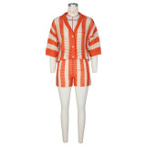 SC Hollow Out Lapel Knits Two Piece Shorts Set ZSD-Z0235