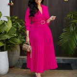 SC Solid Color 3/4 Sleeve Belt Midi Dress GMLF-3285