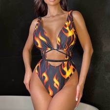 SC Flame Print Cutout Deep V Tight One Piece Swimsuit DYSC-DY9108145