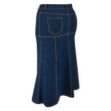 SC Plus Size Washed Zipper Denim Long Skirt GDAM-218630
