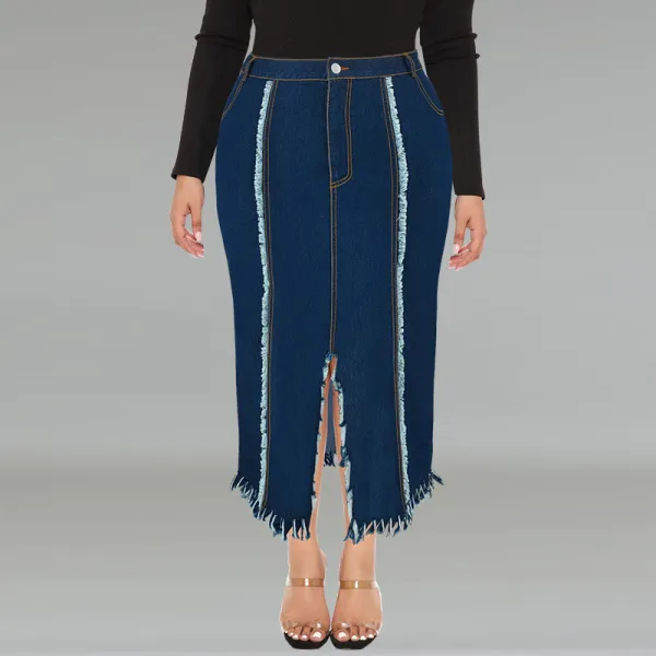 SC Plus Size Fashion Tassel Split Denim Long Skirt GDAM-218606