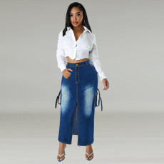 SC Plus Size Pockets Split Denim Long Skirt GDAM-218632