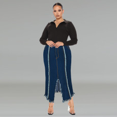 SC Plus Size Fashion Tassel Split Denim Long Skirt GDAM-218606