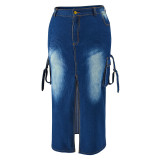 SC Plus Size Pockets Split Denim Long Skirt GDAM-218632