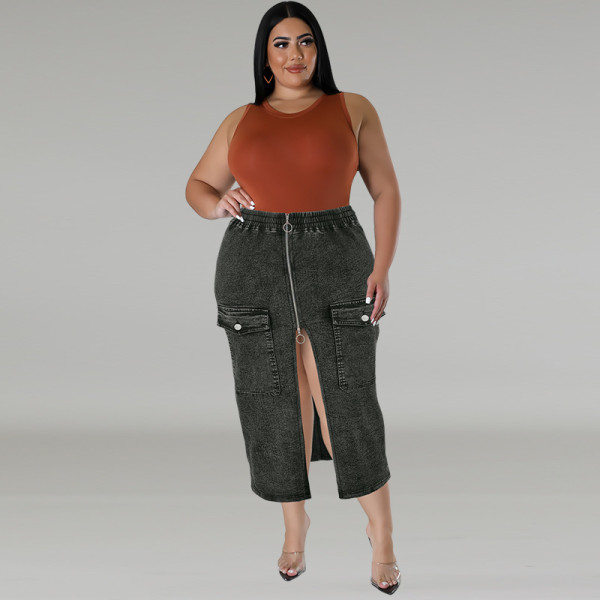 SC Plus Size Fashion Denim Zipper Long Skirt GDAM-218631