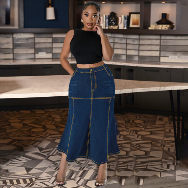 SC Plus Size Washed Zipper Denim Long Skirt GDAM-218630