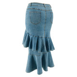 SC Plus Size Ruffle Irregular Denim Long Skirt GDAM-218634