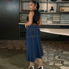 SC Plus Size Washed Zipper Denim Long Skirt GDAM-218630