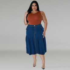 SC Plus Size Casual Loose Solid Denim Half Body Skirt GDAM-218608