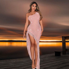 SC Hot Drill Tassel Slash Shoulder Maxi Dress CYA-CY901291