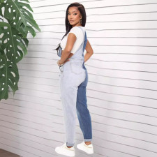 SC Fashion Color Block Holes Denim Back Pants Jumpsuit GKNF-5523