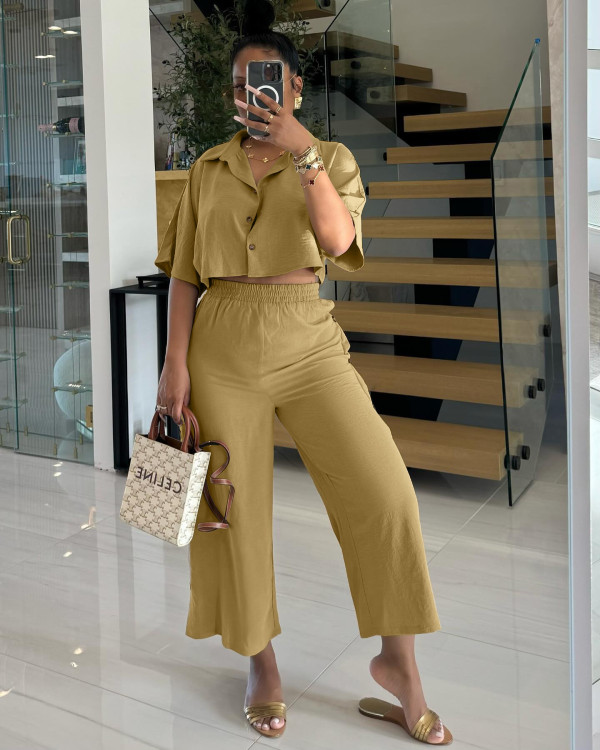 SC Solid Color Lapel Shirt And Loose Pants 2 Piece Set QODY-6042