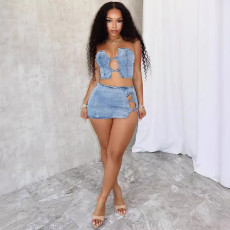 SC Sexy Lacing Up Wrap Top Slit Skirt Denim 2 Piece Set GAKF-A40606