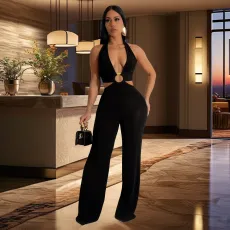 SC Solid Color V Neck Halter Jumpsuit BY-6970