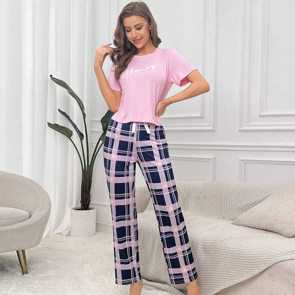 SC Casual T Shirt And Plaid Pants Loungewear Pajama Set GLSY-w0284