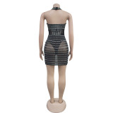 SC Sexy Mesh Hot Drill Halter Backless Mini Dress BY-6959