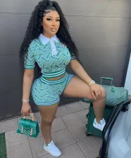 SC Plus Size Vintage Printed Spliced Ribbed Short Sleeve Shorts Set GMOY-2342