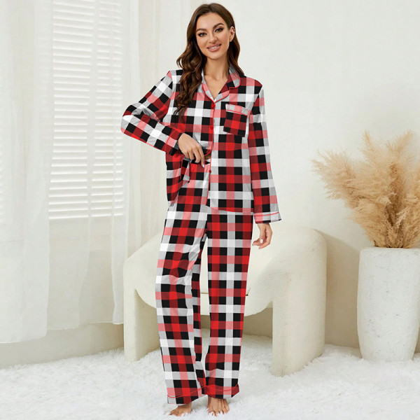 SC Long Sleeve Long Pants Casual Cardigan Plaid Pajama Set GLSY-W0293