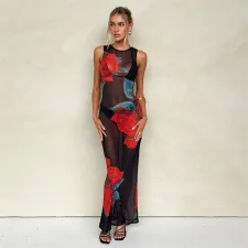 SC O Neck sleeveless See-through Mesh Printed Maxi Dress XEF-50699