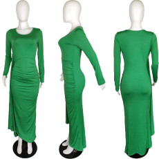 SC Long Sleeve Solid Color Pleated Maxi Dress LS-0509