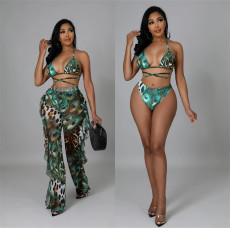 SC Print Tie Up Bikinis+Pants Three Piece Swimsuit LSL-0007