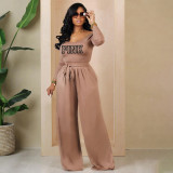 SC PINK Letter Print Knits Tie Up Two Piece Pants Set YIM-MY312
