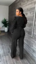 SC Solid Color Flare Sleeve Tie Up Two Piece Pants Set LS-5109