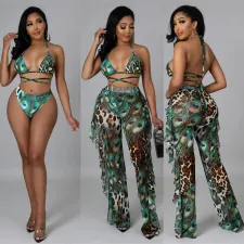 SC Print Tie Up Bikinis+Pants Three Piece Swimsuit LSL-0007