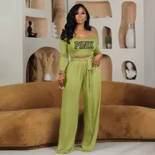 SC PINK Letter Print Knits Tie Up Two Piece Pants Set YIM-MY312