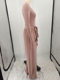 SC PINK Letter Print Knits Tie Up Two Piece Pants Set YIM-MY312