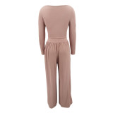 SC PINK Letter Print Knits Tie Up Two Piece Pants Set YIM-MY312
