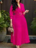 SC Lapel Solid Color Belt Pleated Big Swing Midi Dress GMLF-3286