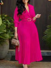 SC Lapel Solid Color Belt Pleated Big Swing Midi Dress GMLF-3286