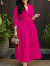 SC Lapel Solid Color Belt Pleated Big Swing Midi Dress GMLF-3286