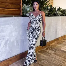 SC Sexy Print V Neck Backless Sling Maxi Dress XCFF-316
