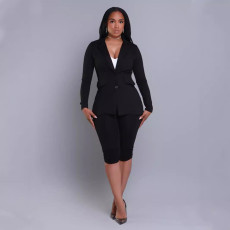 SC Long Sleeve Blazer Solid Two Piece Shorts Set SFY-499