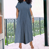 SC Plus Size Stripe Print Sleeveless Loose Denim Maxi Dress GDAM-218527