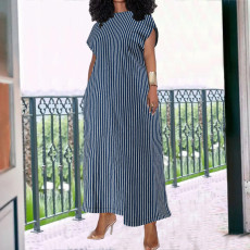 SC Plus Size Stripe Print Sleeveless Loose Denim Maxi Dress GDAM-218527