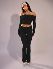 SC One Shoulder Top Low Rise Flared Pants Solid Color Pant Set GXYF-H0402