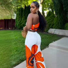 SC Printed One Shoulder Slim Wide Leg Pants Two Piece Set NY-10831