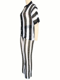 SC V-neck Hollow Out Striped Knit Wide Leg Pants Set SH-391227