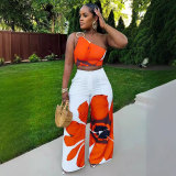 SC Printed One Shoulder Slim Wide Leg Pants Two Piece Set NY-10831
