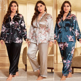 SC Plus Size Ice Silk Print Long Sleeve Lounge Wear Suit CGDNL-H301