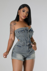 SC Fashion Tube Top Hollow Out Denim Romper LX-6984
